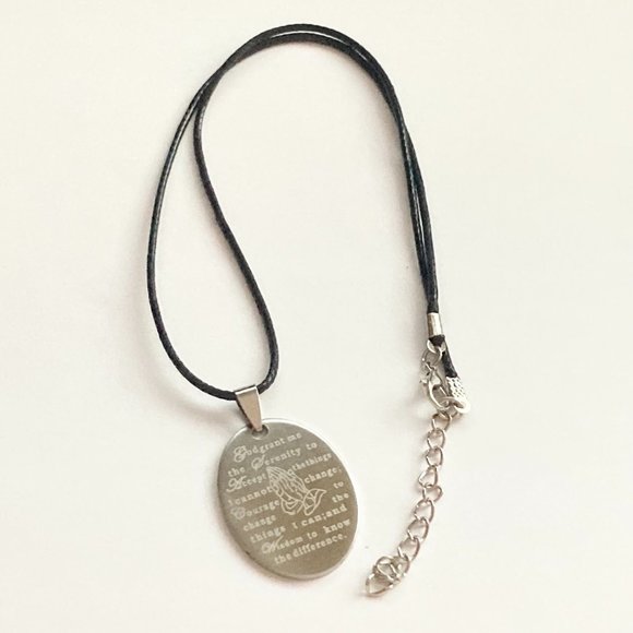 Serenity Prayer Necklace Stainless Steel Pendant Praying Hands Black Cord 18" - Picture 9 of 11